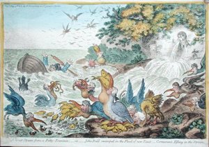 Ein großer Sturm aus einem kleinen Brunnen, oder John Bull in der Flut neuer Steuern: Kormorane fischen im Strom, veröffentlicht von Hannah Humphrey im Jahr 1806