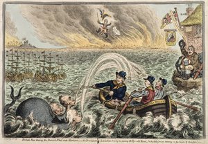 Britische Matrosen schleppen die dänische Flotte in den Hafen, oder der Broadbottom Leviathan versucht Billys altes Boot zu versenken, und der kleine Korsikaner schwankt auf den Wolken des Ehrgeizes, 1807