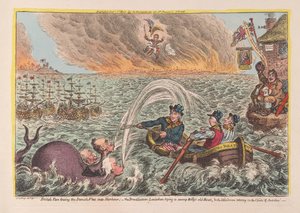 Britische Matrosen schleppen die dänische Flotte in den Hafen: der breite Leviathan versucht Billys altes Boot zu versenken, & der kleine Korsikaner schwankt auf den Wolken des Ehrgeizes