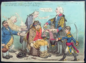 Dr. Sangrado heilt John Bull von Überfluss, veröffentlicht von Hannah Humphrey 1803 (handkolorierte Radierung)