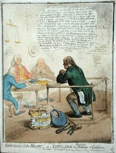 Herzergüsse, oder Lügner Jack der Schmied bei der Beichte, veröffentlicht von Hannah Humphrey im Jahr 1795 für die Philanthropische Gesellschaft von James Gillray