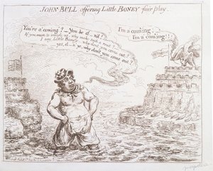 John Bull bietet Little Boney fair play an, veröffentlicht von Hannah Humphrey im Jahr 1803 von James Gillray