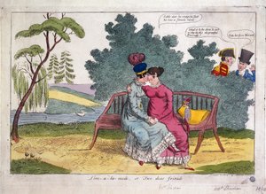Lady Strachan und Lady Warwick machen Liebe in einem Park, während ihre Ehemänner missbilligend zusehen. von James Gillray