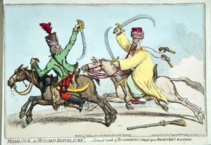 Mamlouk und Republikanischer Husar, oder das Gesamtergebnis von Bonapartes Angriff auf die Nachhut von Ibrahim Bey, veröffentlicht von Hannah Humphrey 1799 von James Gillray