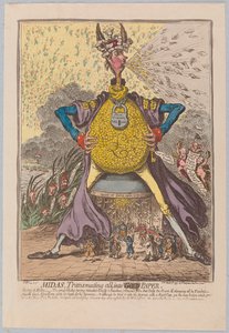 Midas, alles in [Gold] Papier verwandelnd, veröffentlicht 1797 von James Gillray