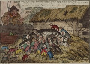 Mehr Schweine als Zitzen, oder die neue Wurf hungriger Grunzer, die John Bulls alte Sau zu Tode saugen, 9. Mai von James Gillray