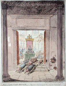 Parlamentarische Reform, oder Oppositionsratten verlassen das Haus, das sie untergraben haben, veröffentlicht von Hannah Humphrey im Jahr 1797 von James Gillray