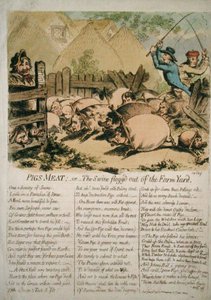 Schweinefleisch, oder Die Schweine aus dem Hof geprügelt, veröffentlicht von Hannah Humphrey im Jahr 1798 von James Gillray