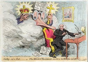 Eine Ratte aufspüren, oder Der atheistische Revolutionär in seinen Mitternachtsberechnungen gestört, veröffentlicht von Hannah Humphrey 1790 von James Gillray