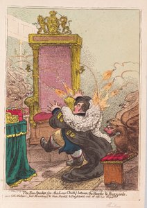 Der neue Sprecher, (d.h. das Gesetz-Küken) zwischen Falken und Bussarden, veröffentlicht 1800 (handkolorierte Gravur)