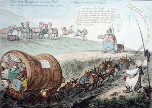 Der Staatswagen und John Bull, oder Der Wagen ist zu viel für die Esel! veröffentlicht von Hannah Humphrey im Jahr 1804