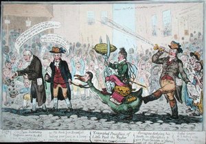 Der Triumphzug des kleinen Paul der Schneider auf seiner neuen Gans, veröffentlicht 1806 von James Gillray