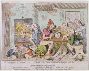 Ein kleines Abendessen à la Parisienne oder Eine Familie von Sans-Culottes erfrischt sich nach den Strapazen des Tages, veröffentlicht von Hannah Humphrey 1792