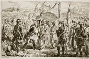 Das Treffen von Lord Clive mit Meer Jaffier nach der Schlacht von Plassey, graviert von Thomas Williams von James Godwin