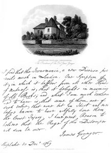 Ein Brief von Reverend James Granger und eine Ansicht seines Wohnsitzes in Shiplake, 1769, 1840