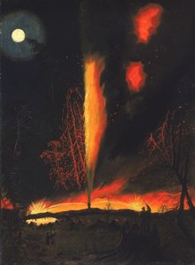 Brennender Ölbrunnen bei Nacht, nahe Rouseville, Pennsylvania