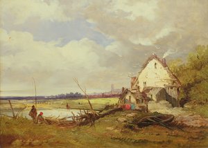 Angler bei einem Cottage am Flussufer