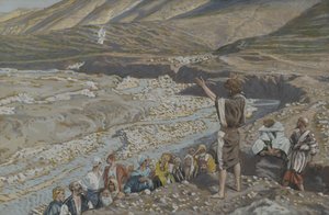 Der heilige Johannes der Täufer sieht Jesus von weitem, Illustration aus Das Leben unseres Herrn Jesus Christus