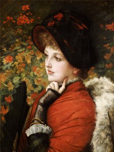 Typ der Schönheit: Porträt von Mrs. Kathleen Newton in einem roten Kleid und schwarzem Hut, 1880