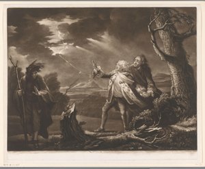 David Garrick als König Lear mit dem Grafen von Kent und Edgar als Tom verkleidet in einer stürmischen Landschaft