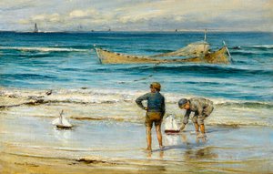 Segelnde Spielzeugboote am Ufer