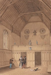 Balkensaal mit Figuren in Kleidung des 16. Jahrhunderts
