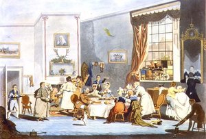 Postkutschenpassagiere beim Frühstück (Gravur)