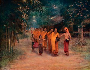 Buddhistische Mönche betteln in einem Dorf - Früher Morgen, 1913