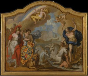 Allegorie der Macht Großbritanniens zur See, Entwurf für ein dekoratives Panel für die Zeremonienkutsche von George I von James Thornhill