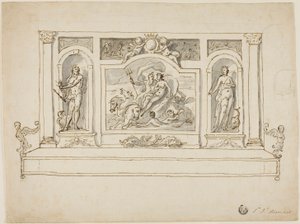 Neptun und Amphitrite flankiert von Jupiter und Juno: Entwurf für bemalte Halle oder Gartenbank von James Thornhill