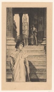 Junge Frau geht die Treppen der National Gallery in London hinunter von James Tissot