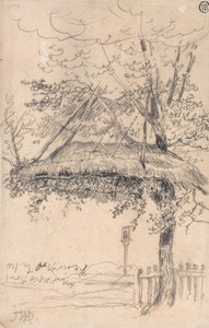 Ein Strohdachunterstand, der an einem Baum hängt