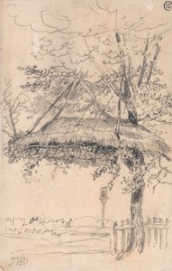 Ein Strohdachunterstand, der an einem Baum aufgehängt ist
