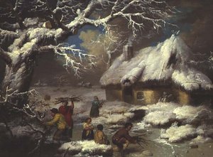 Figuren sammeln Reisig in einer Winterlandschaft