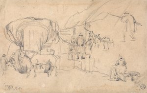Blatt mit Skizzen: Wagen, Pferd, Milchmädchen und andere Figurenstudien