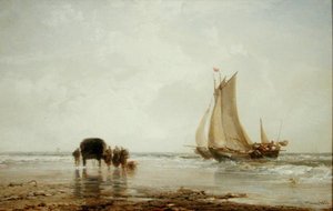 Am Strand: Zwei Fischerboote und eine Gruppe von Frauen (Öl auf Holztafel) von James Webb