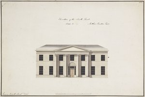 Soho House: Plan des Erdgeschosses; Plan des Schlafzimmers; Ansicht der Südfront, Entwurf A, Ansicht der Südfront, Entwurf B, und Ansicht der Nordfront, 1796