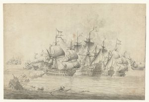 Eine Seeschlacht, möglicherweise bei Lowestoft am 13. Juni 1665 (rechter Teil) von Jan Abrahamsz. Beerstraten (possibly)