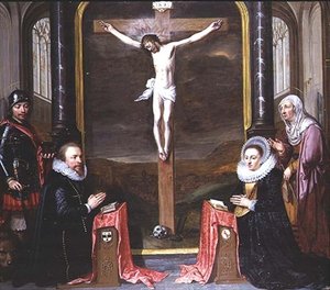Eine Kreuzigung mit Porträts der Stifter Adriaen Meusyenbroeck und seiner Frau Anna Elant, begleitet von St. Adrian und St. Elisabeth