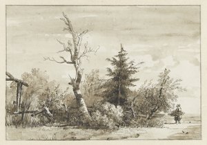 Landschaft mit Baumgruppe und rechts eine Holzsammlerin
