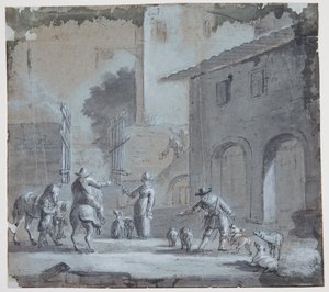 Stadtszene mit einem offenen Tor, Figuren und Tieren