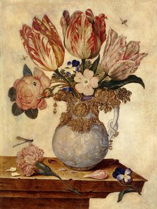 Tulpen, Vergissmeinnicht, Pfingstrosen und andere Blumen in einer Vase auf einem Sims von Jan Baptist van Fornenburgh