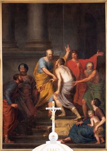 Innenansicht, der Hochaltar, Gemälde "Petrus und Johannes helfen einem Lahmen am Tempel", Jan De Landtsheer von Jan Baptiste de Landtsheer