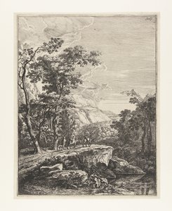 Landschaft mit Frau, die auf einem Maultier entlang der Aqua Negro zwischen Bologna und Florenz reitet