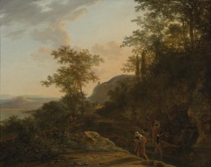 Südliche Landschaft mit Reisenden an einer Furt