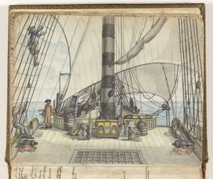 Deckansicht eines VOC-Schiffs zum Großmast von Jan Brandes