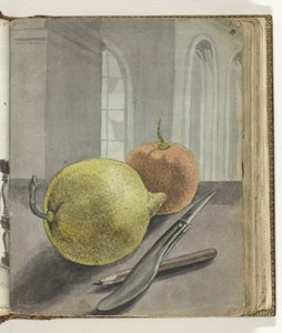 Stillleben mit Früchten, Messer und Bleistift