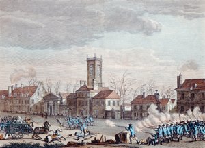 Schlacht vor der Eglise de la Chapelle, Paris, zwischen den Wächtern der Barrieren der Fermiers Generaux und den Revolutionären am 24. Januar 1791, ca. 1795 von Jan Bulthuis