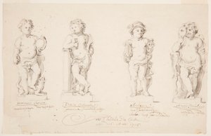 Zeichnung, Entwürfe für Statuen: "Weisheit", "Beständigkeit", "Eloquenz", "Verkleideter Amor", 1726