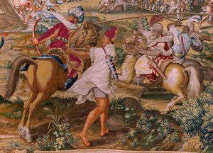 Flämischer Wandteppich. Serie Die Eroberung von Tunis. Der Angriff auf La Goleta (Ataque a la Goleta). Vierter Wandteppich in der Serie. Modell Jan Vermeyen und Pieter Coecke van Aelst. 1543-1548. Herstellung Real Fábrica de Tapices de Santa Bárbara, Madri von Jan Cornelisz Vermeyen